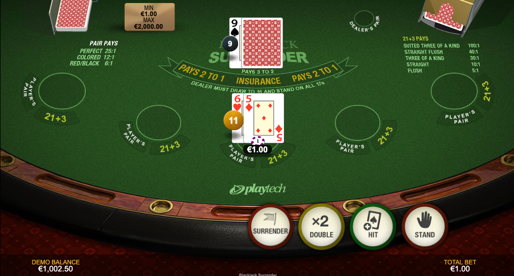 Screenshot of Blackjack Surrender showing dealer 9 against hard 11